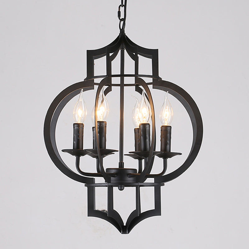Metallic Black Hanging Chandelier Lantern 6-Light Retro Style Ceiling Suspension Lamp