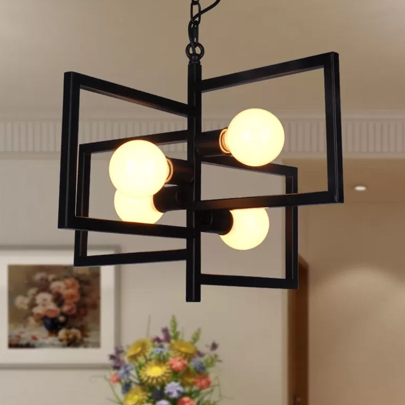 Square Living Room Pendant Chandelier Industrial Iron 4 Lights Black Hanging Light Fixture
