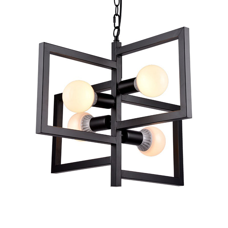 Square Living Room Pendant Chandelier Industrial Iron 4 Lights Black Hanging Light Fixture