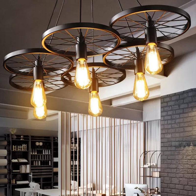 3/6 Lights Iron Hanging Chandelier Farmhouse Black Wheel Bistro Ceiling Pendant Lamp