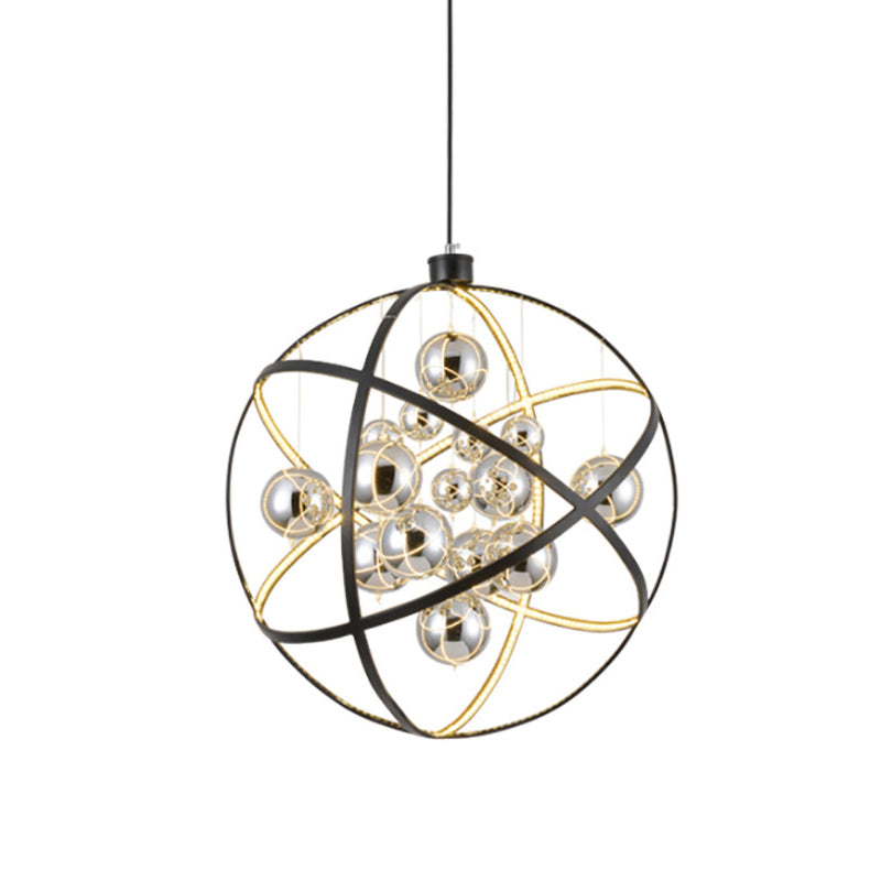 19.5"/31.5" W Black LED Pendant Chandelier Industrial Iron Globe Ceiling Hang Light with Ball Chrome Glass Shade