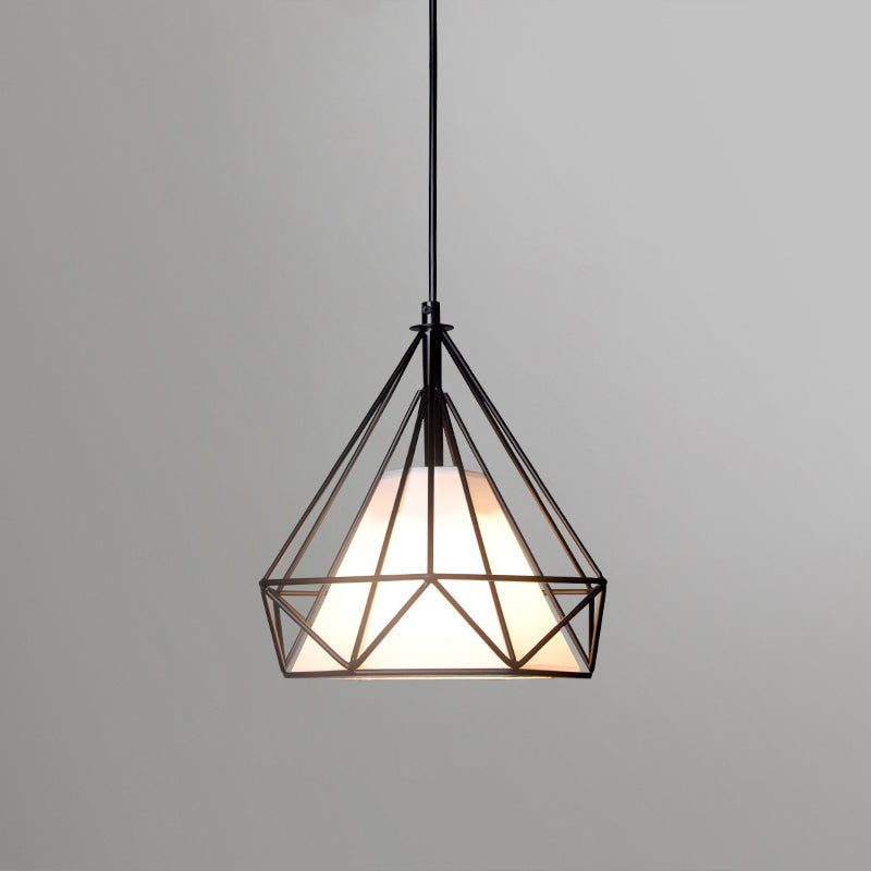 Lámpara de cuello de techo de diamantes de loft 1 cabeza de colgante de hierro de cabeza en negro/blanco/verde con tono de tela de cono en el interior