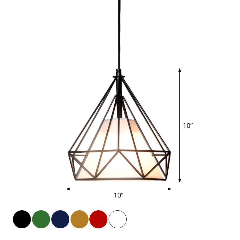 Lámpara de cuello de techo de diamantes de loft 1 cabeza de colgante de hierro de cabeza en negro/blanco/verde con tono de tela de cono en el interior