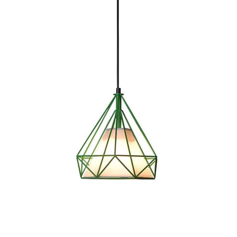 Lámpara de cuello de techo de diamantes de loft 1 cabeza de colgante de hierro de cabeza en negro/blanco/verde con tono de tela de cono en el interior