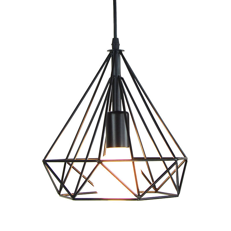 Black Diamond Shaped Pendant Light Kit Industrial Iron Single-Bulb Dining Room Suspension Lamp