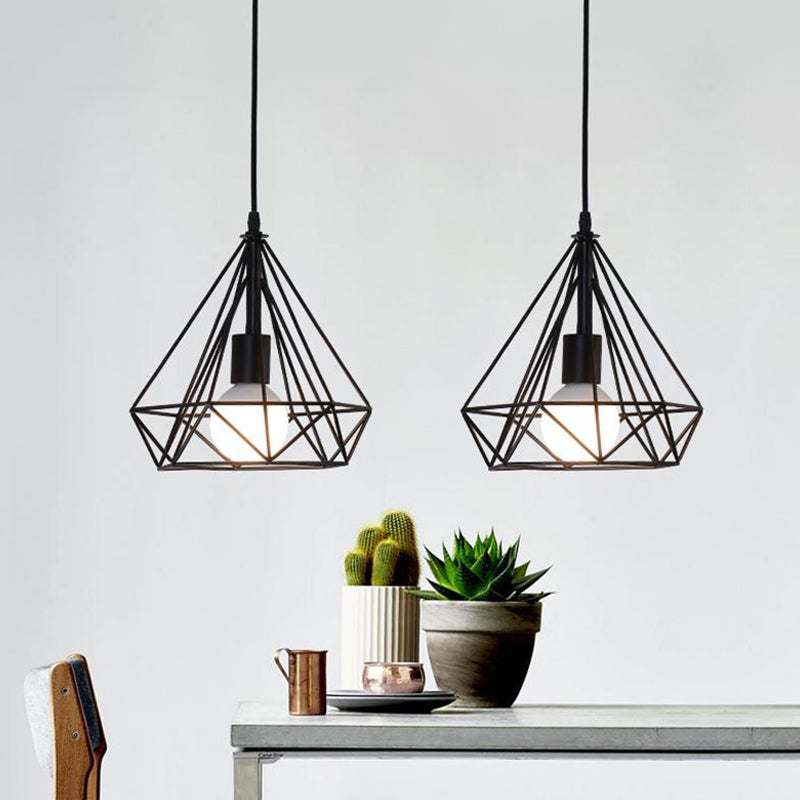 Black Diamond Shaped Pendant Light Kit Industrial Iron Single-Bulb Dining Room Suspension Lamp