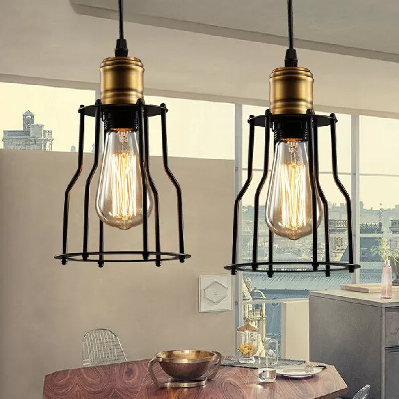 Single-Bulb Drop Pendant Warehouse Caged Metal Suspended Lighting Fixture in Black