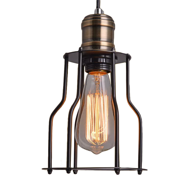 Single-Bulb Drop Pendant Warehouse Caged Metal Suspended Lighting Fixture in Black