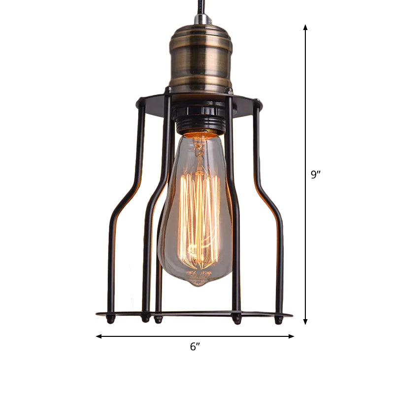 Single-Bulb Drop Pendant Warehouse Caged Metal Suspended Lighting Fixture in Black