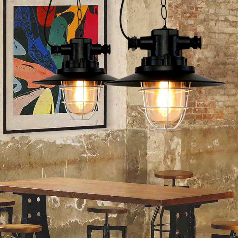 1-Light Bowl/Cage/Barn Pendant Lamp Industrial-Style Black Iron Suspension Lighting for Restaurant