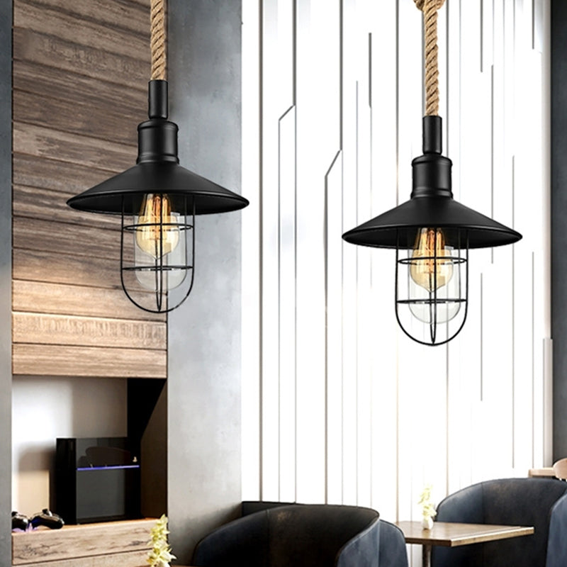 Barn/Bowl/Saucer Iron Suspension Light Farmhouse Single Dining Room Ceiling Pendant in Black with Hemp Rope Cord
