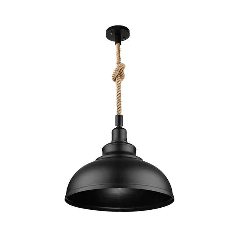 Barn/Bowl/Saucer Iron Suspension Light Farmhouse Single Dining Room Ceiling Pendant in Black with Hemp Rope Cord