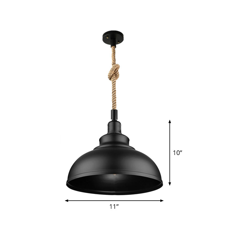 Barn/Bowl/Saucer Iron Suspension Light Farmhouse Single Dining Room Ceiling Pendant in Black with Hemp Rope Cord