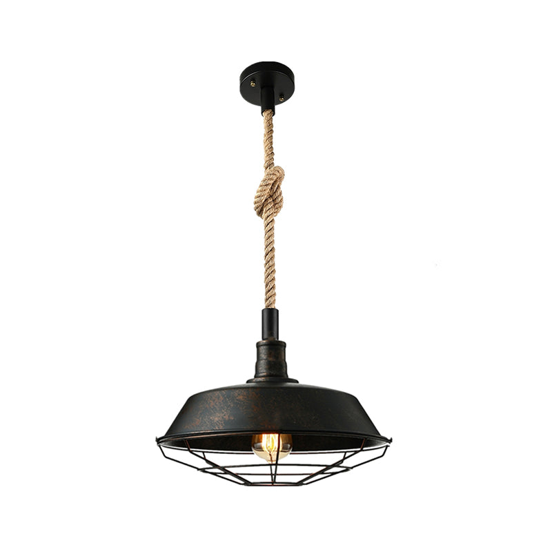Barn/Bowl/Saucer Iron Suspension Light Farmhouse Single Dining Room Ceiling Pendant in Black with Hemp Rope Cord