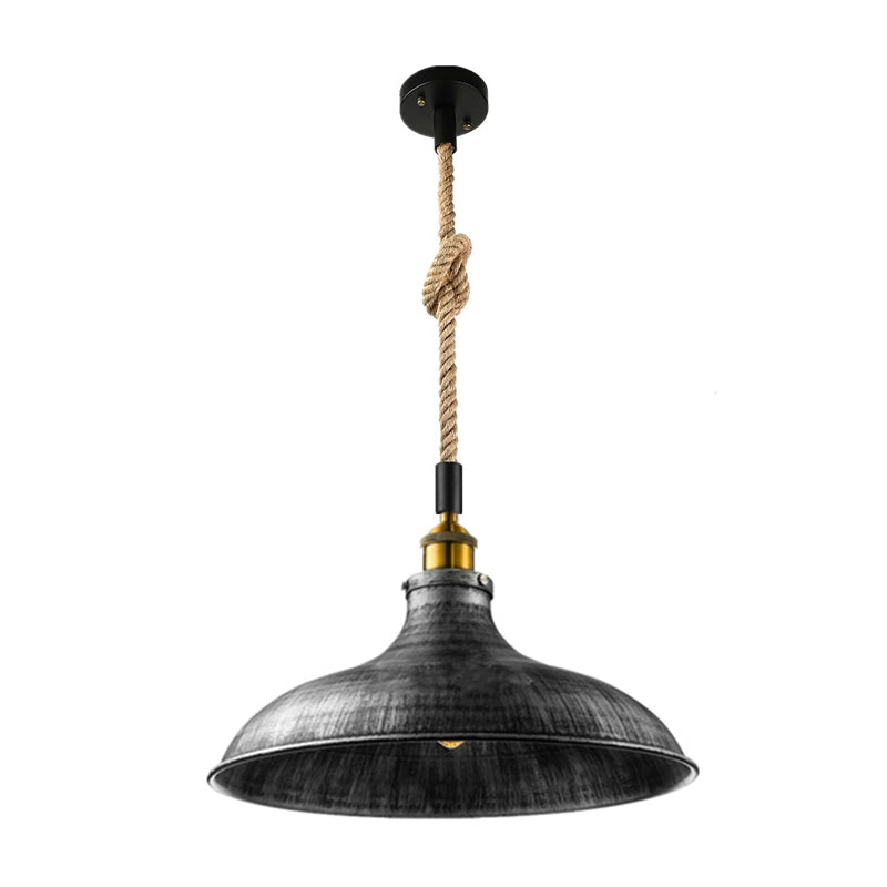 Barn/Bowl/Saucer Iron Suspension Light Farmhouse Single Dining Room Ceiling Pendant in Black with Hemp Rope Cord
