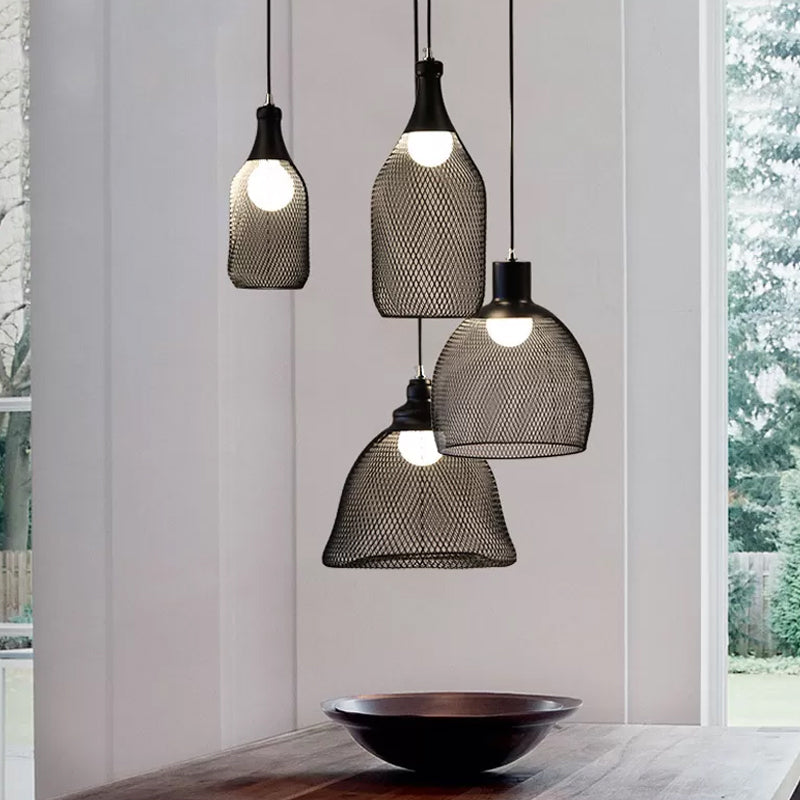 1-Light Dome/Bell/Oval Mesh Drop Pendant Loft Style Black Iron Ceiling Suspension Lamp for Dining Room