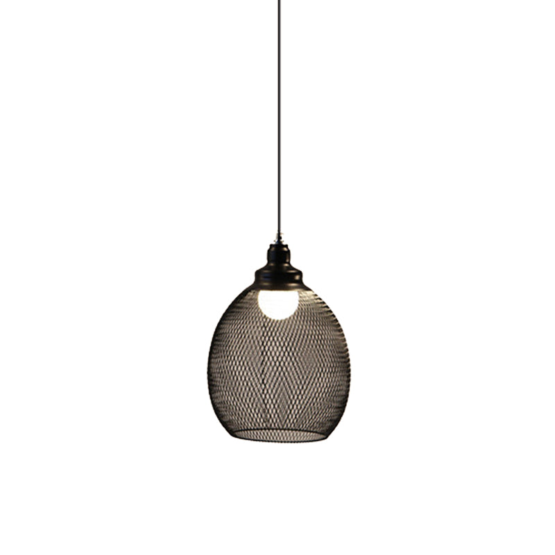 1-Light Dome/Bell/Oval Mesh Drop Pendant Loft Style Black Iron Ceiling Suspension Lamp for Dining Room