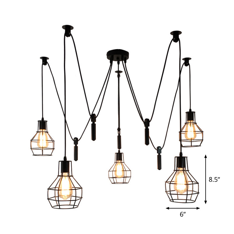 Ball-Form-Restaurant Multi-Decken leichter rustikaler Eisen 5-Licht Schwarz Pulley Swag Anhänger