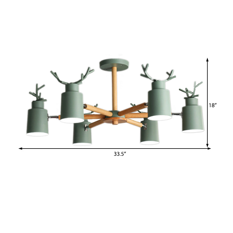 Nordic Cylinder Pendant Light with Antlers Six Lights Wood Chandelier in Green for Kindergarten