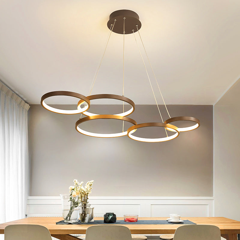 Modernist LED Chandelier Pendant Brown 3/4/5 Tiers Halo Ring Hanging Lamp with Acrylic Shade