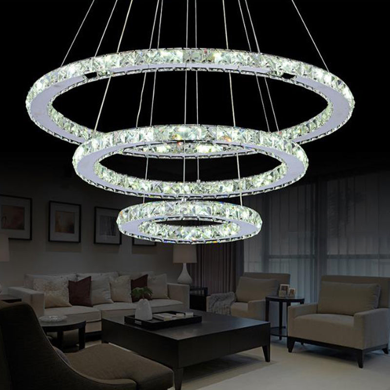 2/3 Tiers Crystal Encrusted Chandelier Stylish Simple Chrome Hoop LED Pendant Lighting in Warm/White Light