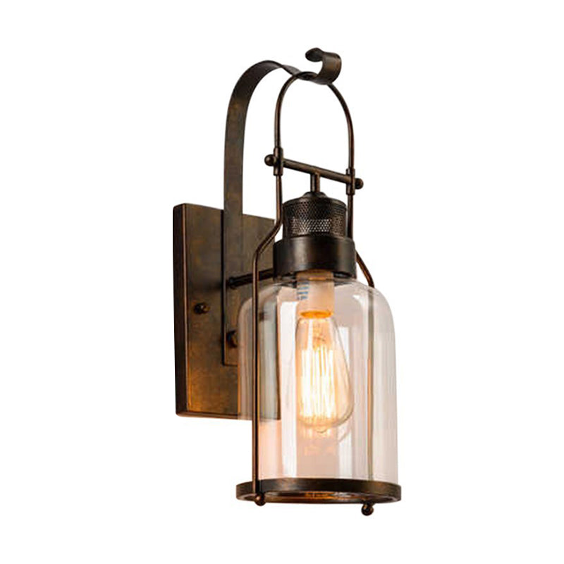 Cylindrical Clear Glass Wall Hanging Light Rustic 1 Head Kitchen Wall Mounted Lamp with Mesh Top in Black