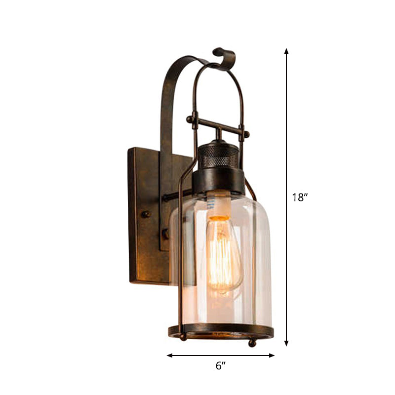 Cylindrical Clear Glass Wall Hanging Light Rustic 1 Head Kitchen Wall Mounted Lamp with Mesh Top in Black