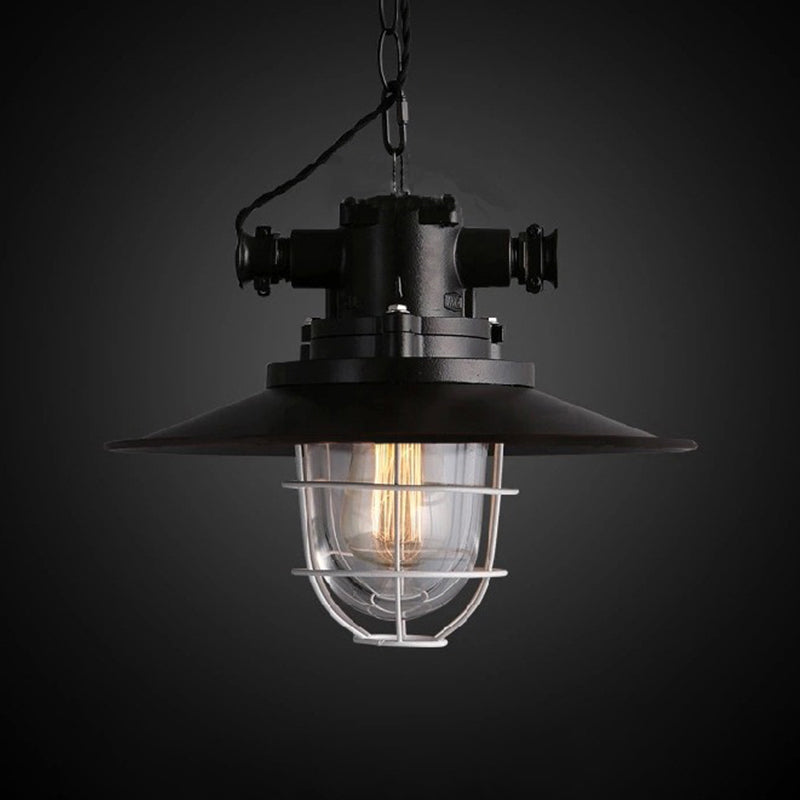Black 1-Light Pendant Light Kit Factory Metal Saucer Hanging Lamp with White Wire Cage and Glass Shade Inside