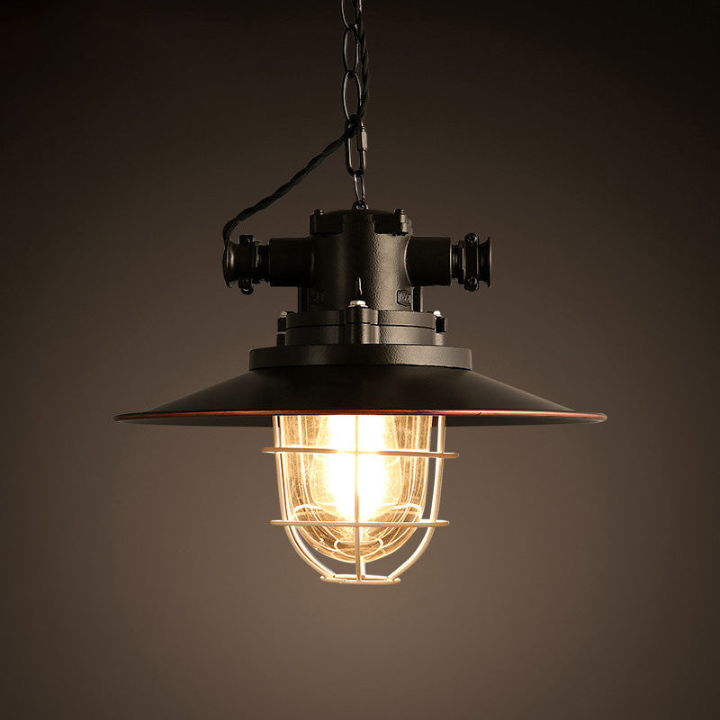 Black 1-Light Pendant Light Kit Factory Metal Saucer Hanging Lamp with White Wire Cage and Glass Shade Inside
