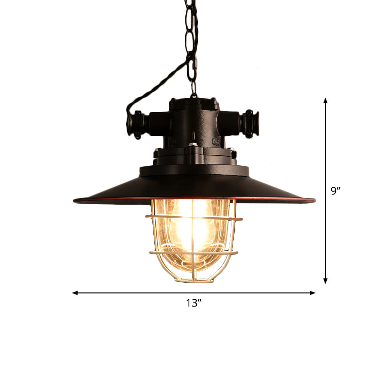 Black 1-Light Pendant Light Kit Factory Metal Saucer Hanging Lamp with White Wire Cage and Glass Shade Inside
