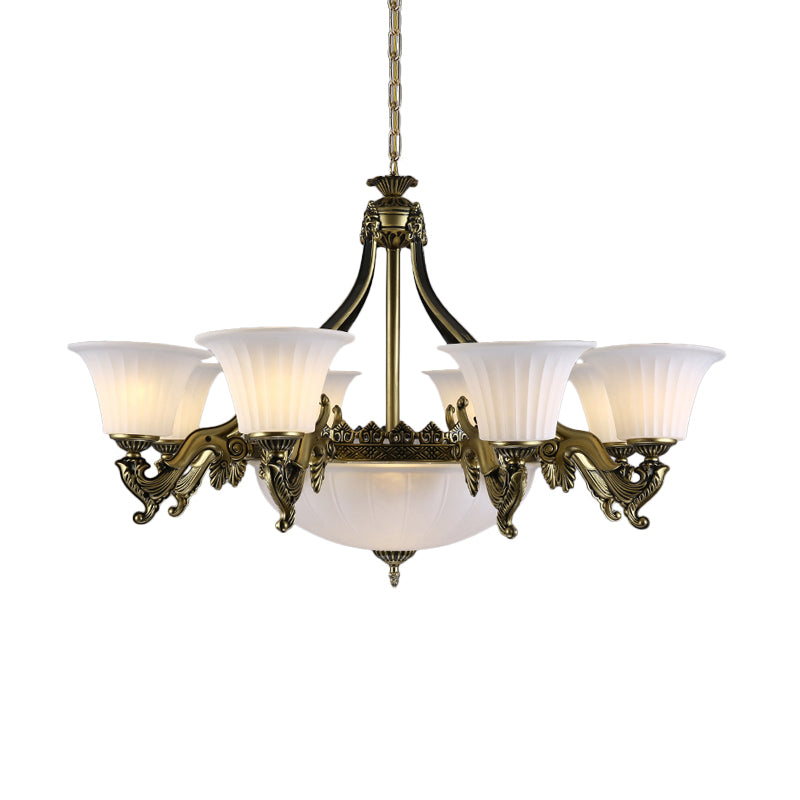 Ivory Glass Bowl/Bell Ceiling Hang Lamp Vintage 11 Lights Bedroom Chandelier Lighting