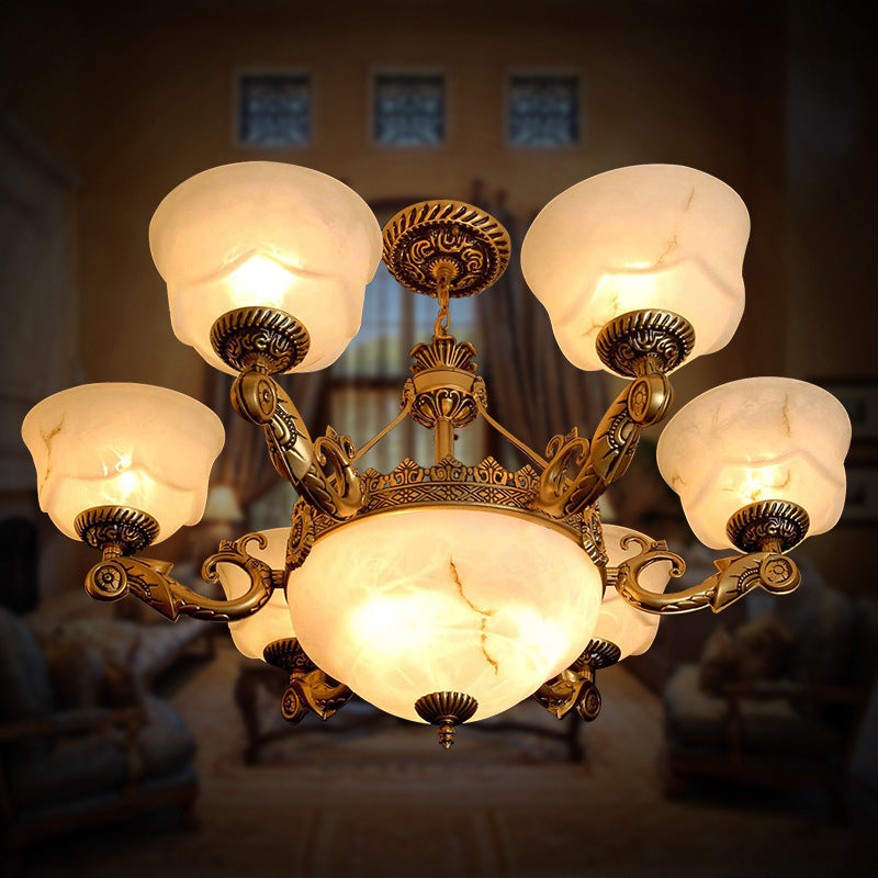 Bowl Dining Room Drop Lamp Antiqued White Glass 9-Light Brass Chandelier Light Fixture