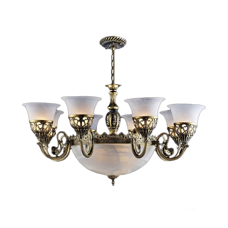 11 lumières en verre blanc givré lampe suspendue rustique bronze cloche salle à manger lustre Light
