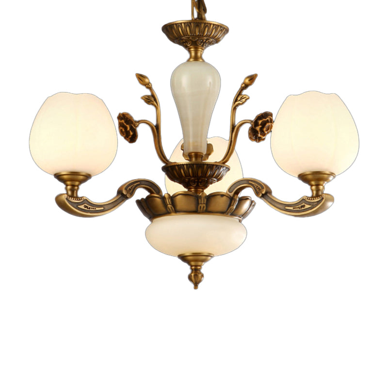 Traditionele knopvormige hangende lamp 3/6 lichten Frosted wit glas kroonluchter in messing