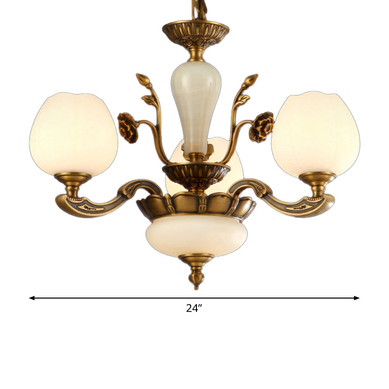 Traditionele knopvormige hangende lamp 3/6 lichten Frosted wit glas kroonluchter in messing