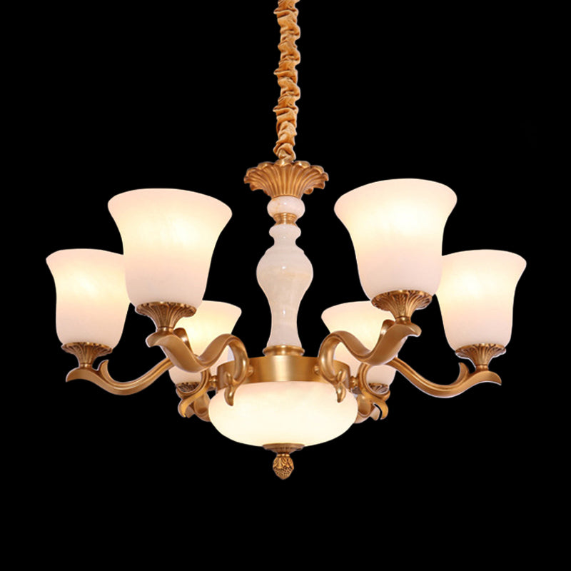 Bell met 6 licht omhoog kroonluchter lamp vintage koperen crème glazen hanglamp lampje voor slaapkamer