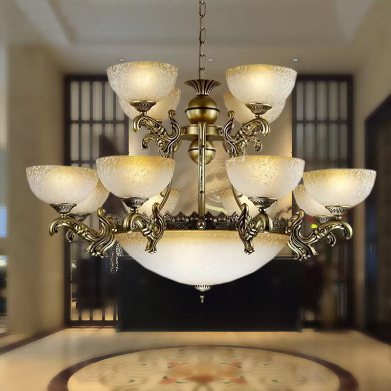 Frosted Pattered Glass Bowl Drop Lamp Rustiek 15-licht woonkamer plafond kroonluchter in brons