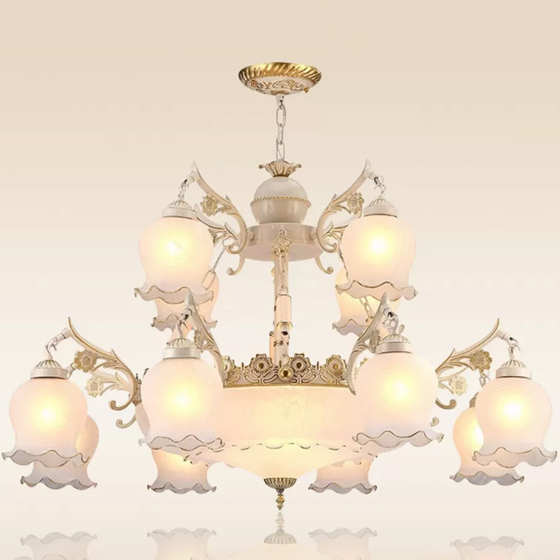 15-head suspensie hanglamp traditionele 2-laags knopvormige melkglas kroonluchter in het wit