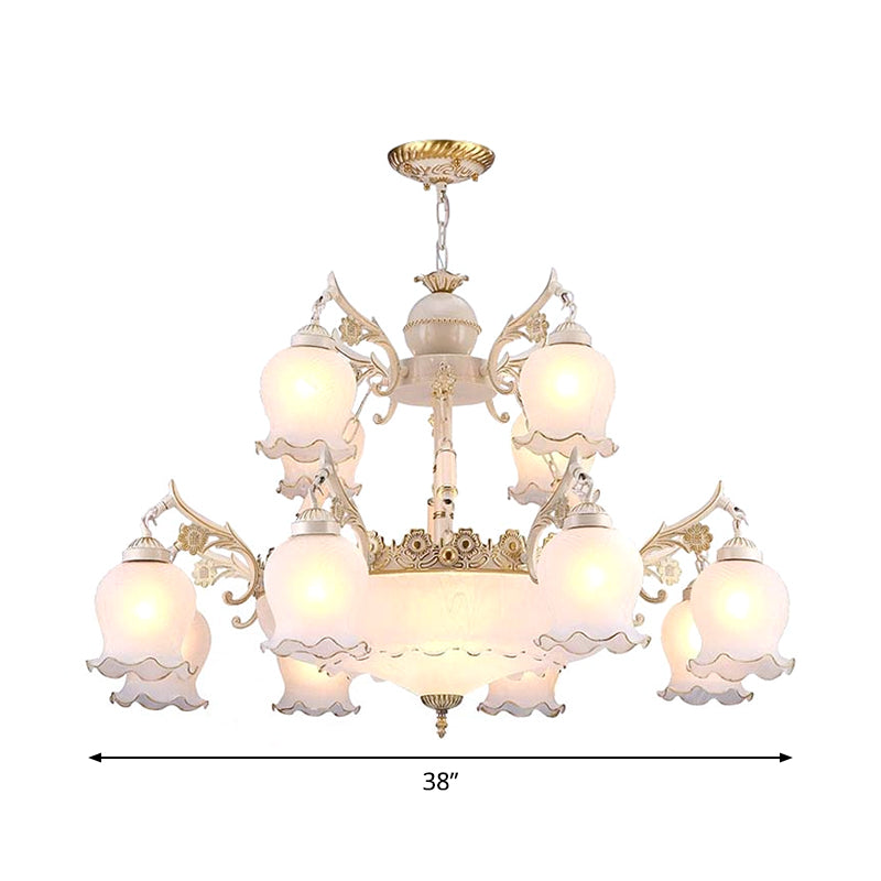 15-head suspensie hanglamp traditionele 2-laags knopvormige melkglas kroonluchter in het wit