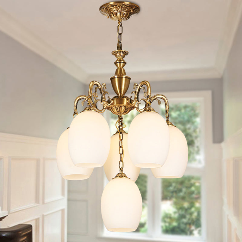 4/6-bulb ovaal kroonluchter verlichting vintage bronzen afwerking mat wit glas naar beneden verlichting hanger
