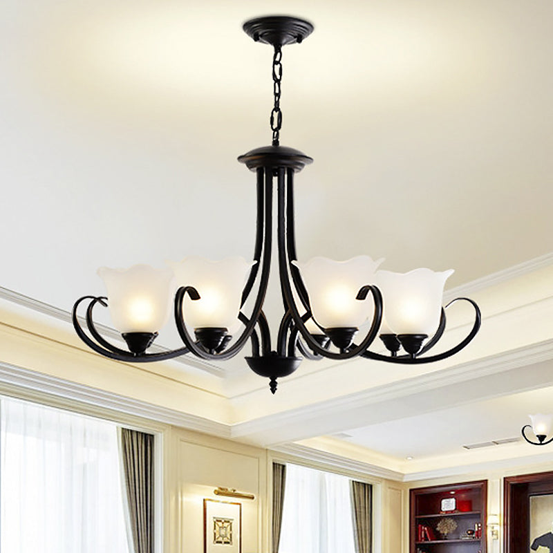 Opal Frosted Glass Zwart Kroonluchter Bloemen 3/8/9-Licht Farmhouse plafond hanglamp met scrollende arm