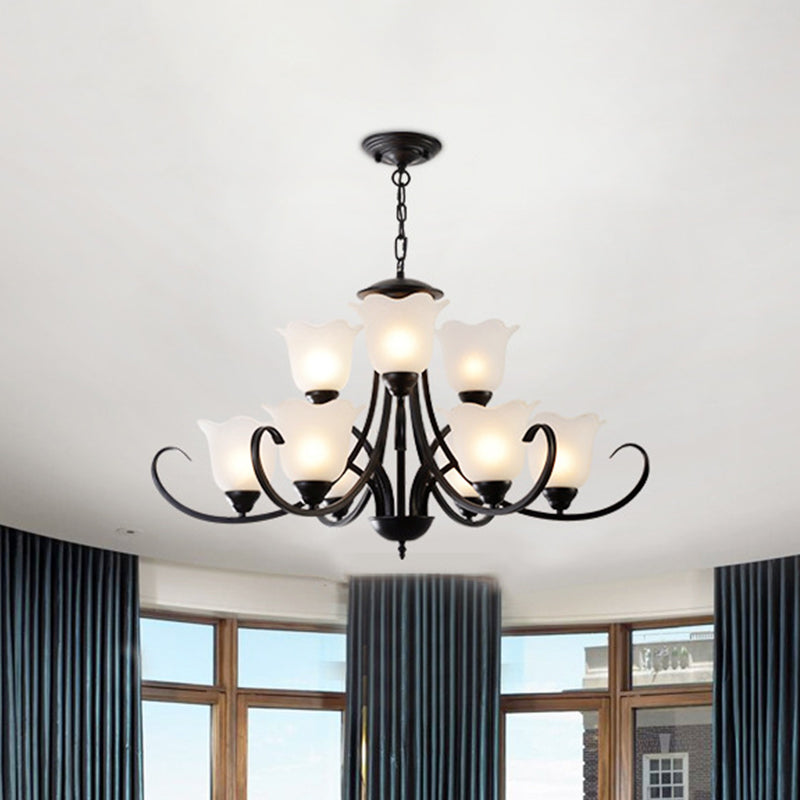 Opal Frosted Glass Zwart Kroonluchter Bloemen 3/8/9-Licht Farmhouse plafond hanglamp met scrollende arm