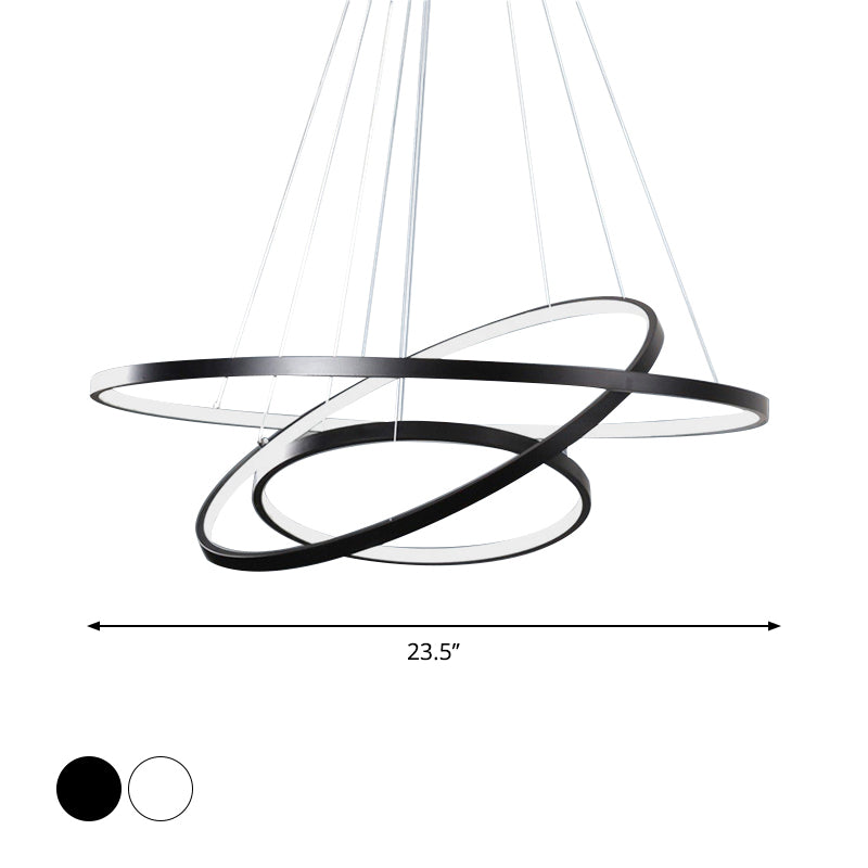 Height Adjustable 3-Tier Circle Chandelier Simple Style Metal Bedroom LED Hanging Light in Black/White