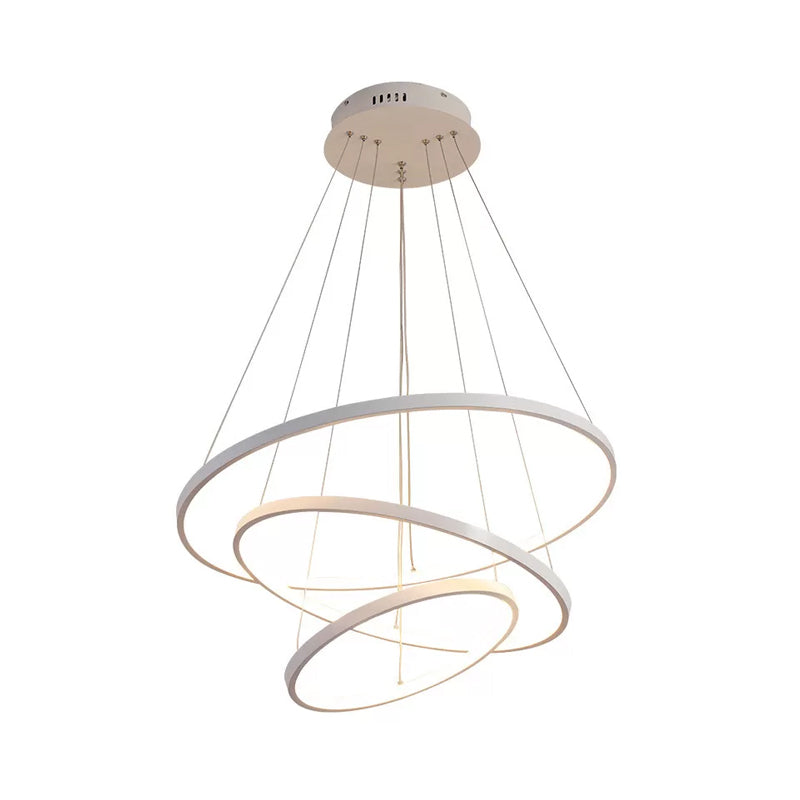 Height Adjustable 3-Tier Circle Chandelier Simple Style Metal Bedroom LED Hanging Light in Black/White