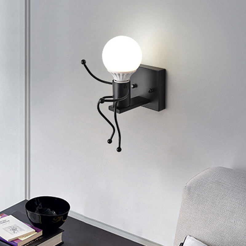 Small Man Metal Wall Sconce Light Art Deco 1/2 Bulb White Mur Mount Light For Kids Room