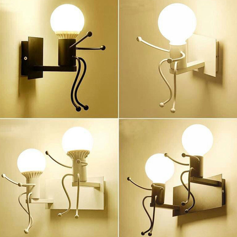 Small Man Metal Wall Sconce Light Art Deco 1/2 Bulb White Mur Mount Light For Kids Room