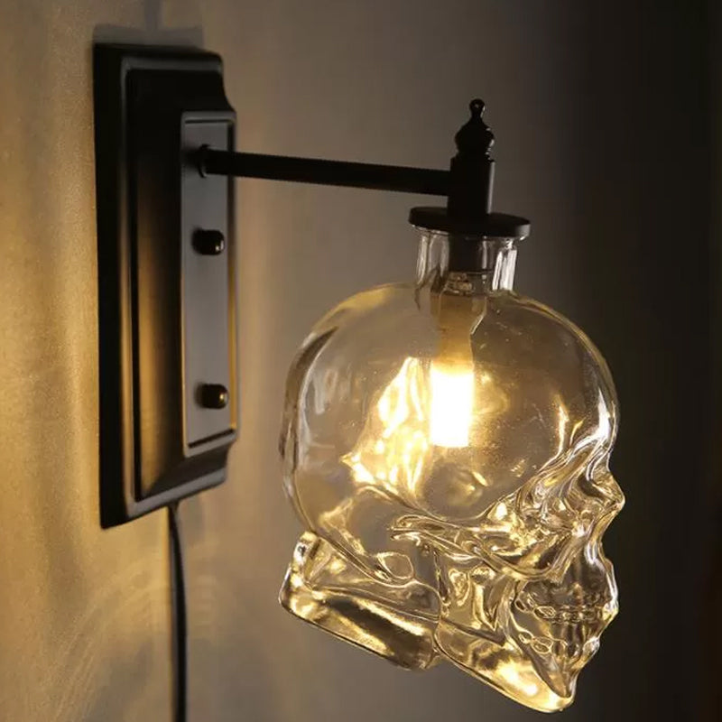 Clear Glass Skull Sconce Lamp Decorative 1-Light Black Wall Mounted Lighting Fixture