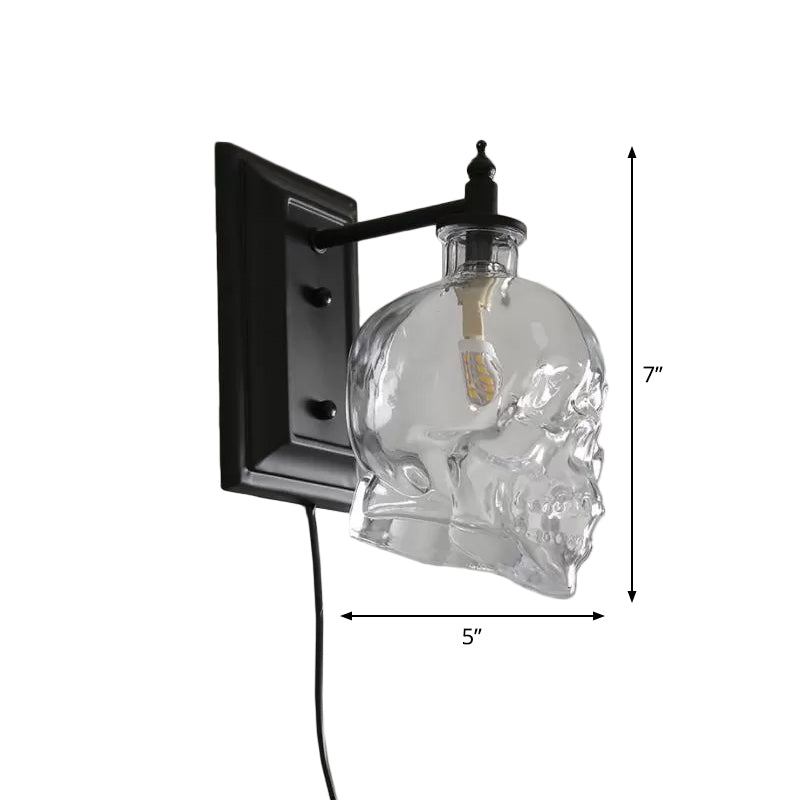 Clear Glass Skull Sconce Lamp Decorative 1-Light Black Wall Mounted Lighting Fixture