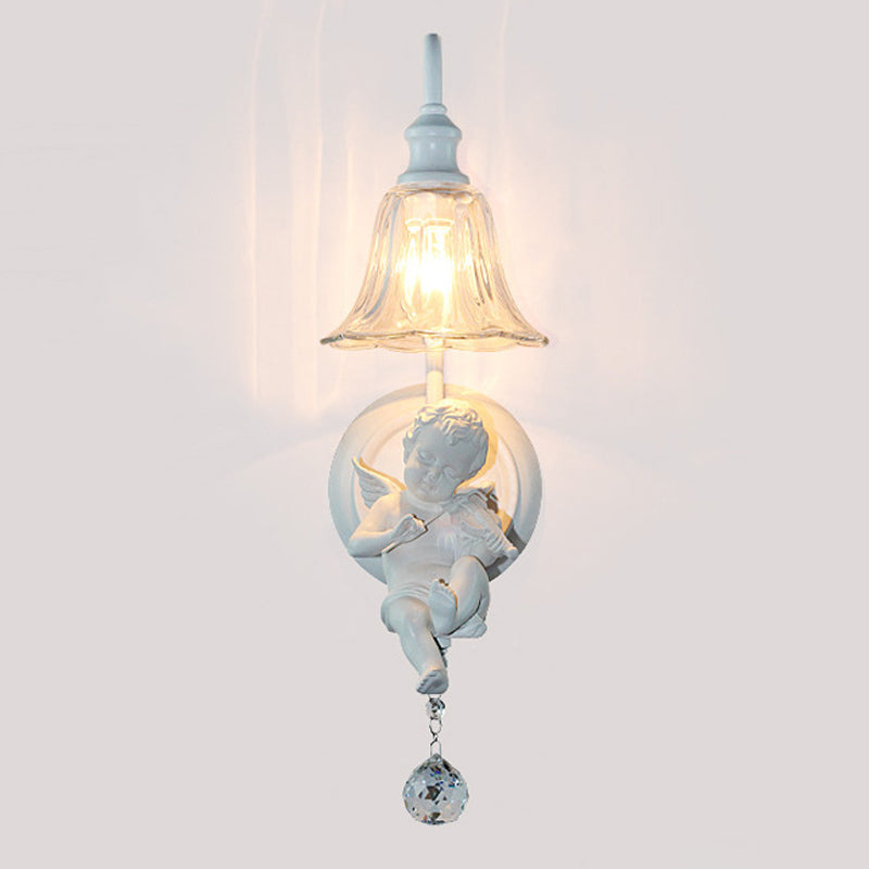 Cream Angel Wall Light Decorative 1-Head Resin Wall Mounted Lamp with Flower Clear Glass Shade and Crystal Orb