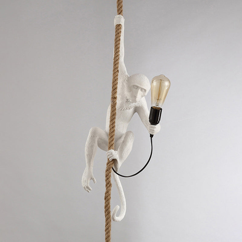Resin Monkey Hanging Ceiling Light Modern 1-Light White Pendant Lamp with Rope Cord